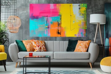 Abstract painting with vibrant colors in a living room