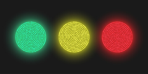 Bright glowing circles consisting of LEDs. Traffic lights of red, yellow and green colors. Vector illustration. © Максим
