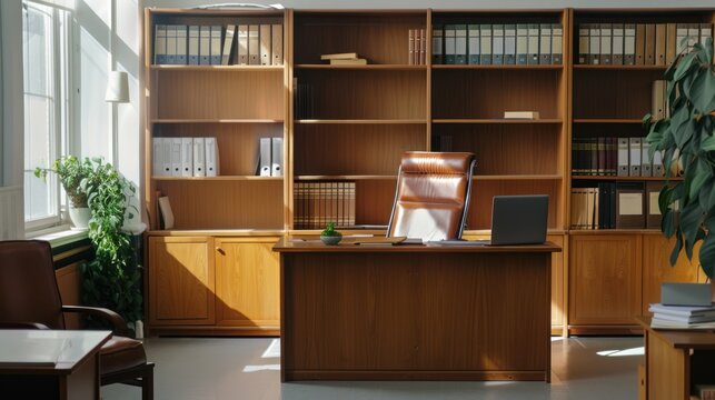 A school principal's office with the principal working at their desk