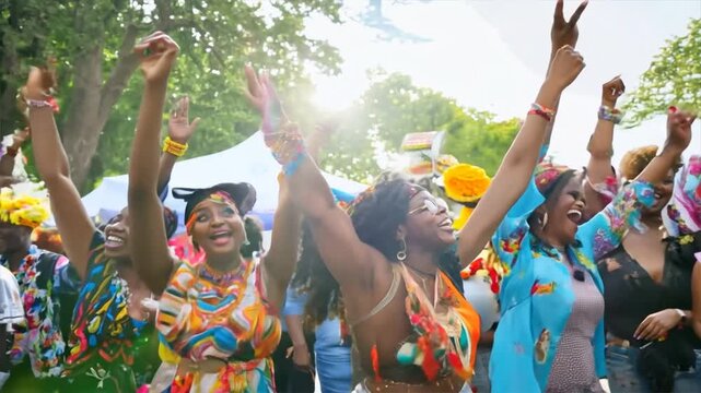 A group of people are dancing and smiling, with one woman wearing a colorful outfit. Scene is joyful and celebratory