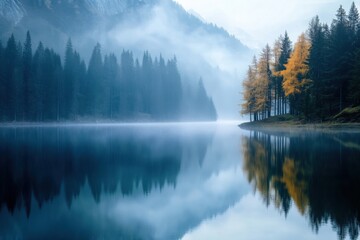 Fototapeta premium Serene mountain lake reflection, dreamy atmosphere, with copy space