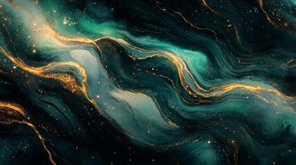 Obraz premium Abstract Green and Gold Swirling Galaxy with Glitter
