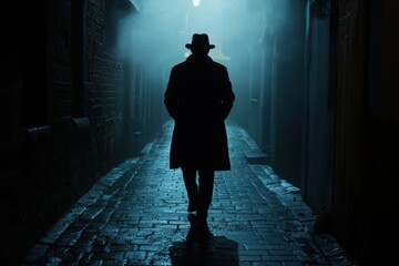 Silhouette of a detective in a foggy alley, with copy space