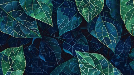 Overlay of multiple green and blue veined leaves