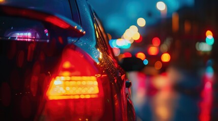 Rear view of car lights in the middle of the city night.