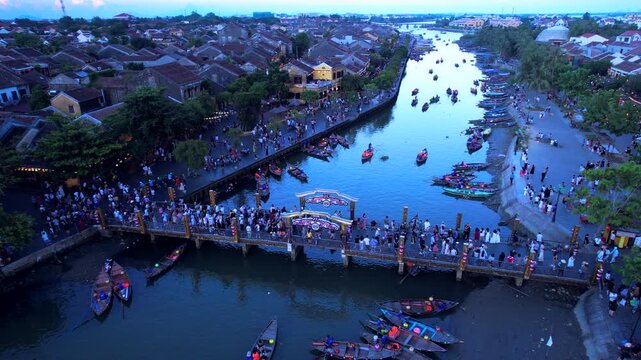 the lantern boats on the canal in hoi a night market in vietnam.the old town was a Southeast Asian trading port from the 15 to 19th century, now it become the resort city