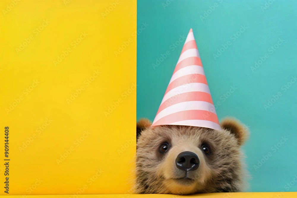 Wall mural creative photos of an animal with a hat and colored background to celebrate birthdays