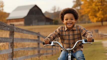 Obraz premium Young Boy Riding Bicycle on Sunny Autumn Day Near Farm
