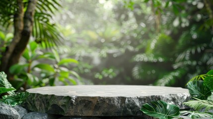 Round stone podium in outdoor tropical forest with blurred natural background. Natural product presentation stand.