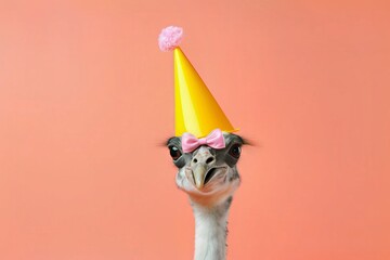 Fototapeta premium Creative photos of an animal with a hat and colored background to celebrate birthdays