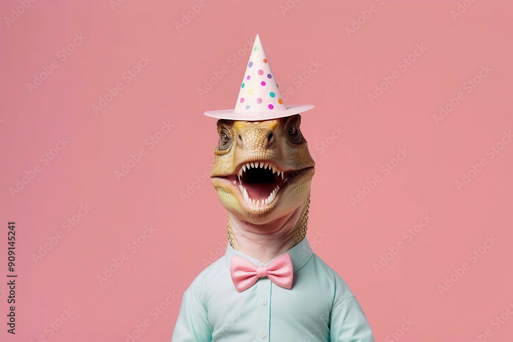 Wall mural creative photos of an animal with a hat and colored background to celebrate birthdays