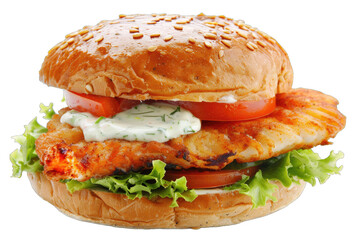 Delicious fish sandwich with fresh ingredients, featuring a grilled fillet, crisp lettuce, ripe tomato, and creamy sauce.