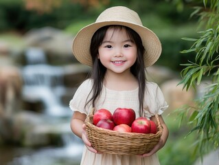 Young Girl With Basket of Red Apples in Beautiful Garden Setting