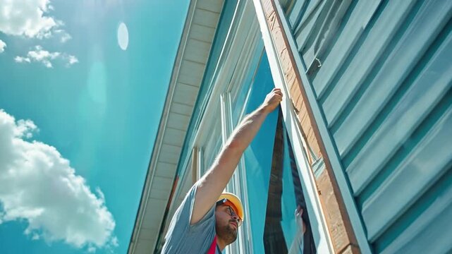 a construction worker installing a window in a home