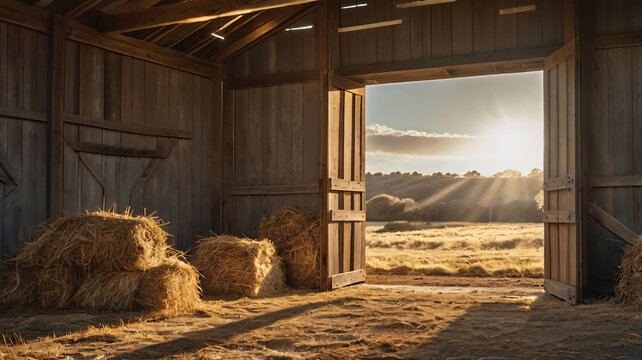 Rustic Wooden Barn Interior with Sunlit Open Doors and Hay Stacks