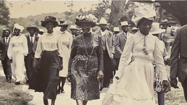 A group of people are walking in a field, some wearing white dresses and hats. Scene is one of celebration and joy, as the people are dressed up and seem to be enjoying themselves