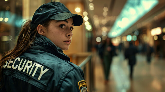 Young female security guard working in a mall, vigilant and alert.