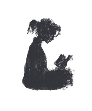 recommend clip art: silhouette of a girl sitting reading a book, hair collected, calm pose, drawn on a transparent background