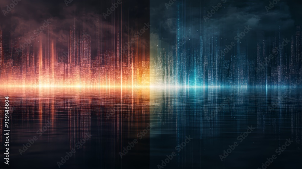 Poster abstract digital art with contrasting warm and cool colors, creating a dramatic and dynamic composit