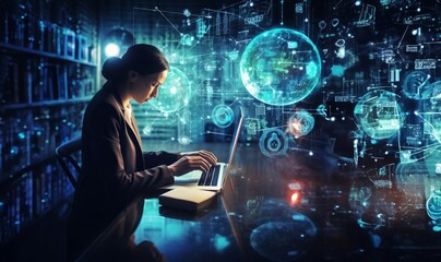 In the realm of cyber security, a female system administrator diligently works on her laptop, developing software to enhance data protection and reduce vulnerabilities in their network, embodying the
