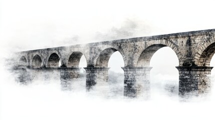 A stone arch bridge stands over a misty river, creating a tranquil and atmospheric scene.