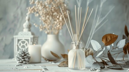 Fototapeta premium Modern white glass bottles with scented sticks on a stylish white wood table with silver leaves for home decor