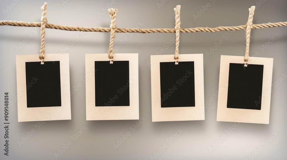 Poster four blank instant photo frames hanging on a rope against a transparent background, showcasing space