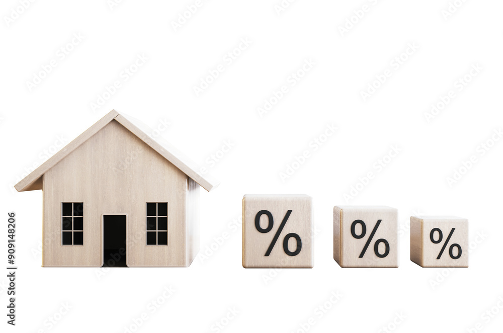 Aufkleber wooden house model and percentage sign blocks arranged in a line on a white background. concept of m