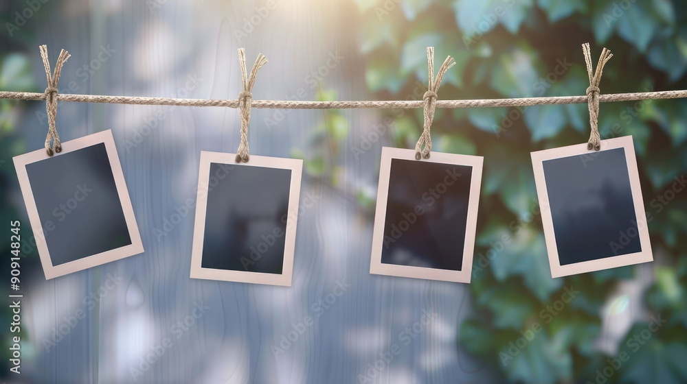 Poster set of four empty instant photo frames suspended on a rope, isolated on a clean transparent backgrou
