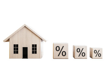 Wooden house model and percentage sign blocks arranged in a line on a white background. Concept of mortgage interest rates. 3D Rendering