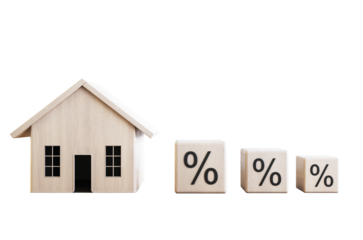 Wooden house model and percentage sign blocks arranged in a line on a white background. Concept of mortgage interest rates. 3D Rendering