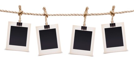 Set of four empty instant photo frames suspended on a rope, isolated on a clean transparent background for easy customization.