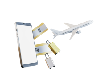 Smartphone, boarding tickets, luggage, and airplane on a white background. Concept of online booking and travel. 3D Rendering