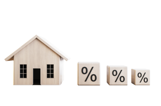 Wooden house model and percentage sign blocks arranged in a line on a white background. Concept of mortgage interest rates. 3D Rendering - Powered by Adobe