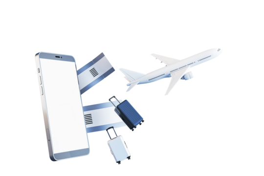 A smartphone with a blank screen, boarding passes, luggage, and an airplane on a white background. Concept of online travel booking. 3D Rendering - Powered by Adobe