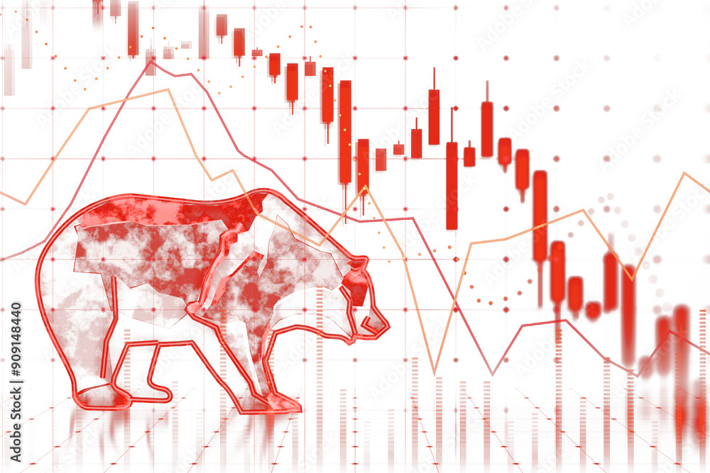 Poster red bear figure overlaid on a falling stock market chart with red and orange lines. white background