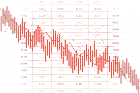 Red financial chart with downward trend lines on a white background. Concept of market recession, financial loss, and bearish trends. 3D Rendering
