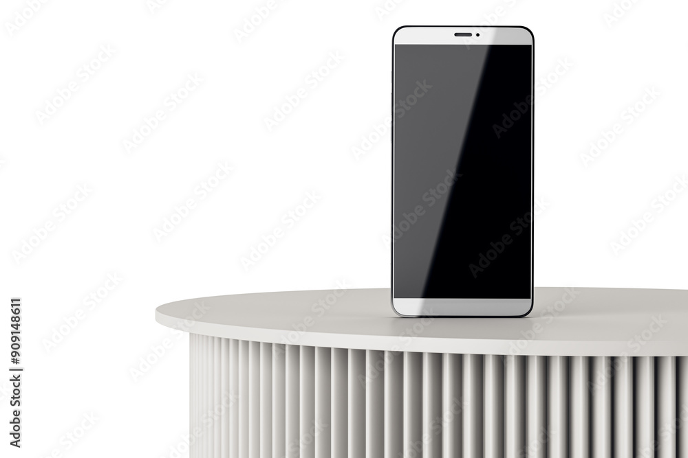 Aufkleber Sleek modern smartphone standing on a round podium with a white background. Front view, clean design and technology concept. 3D Rendering