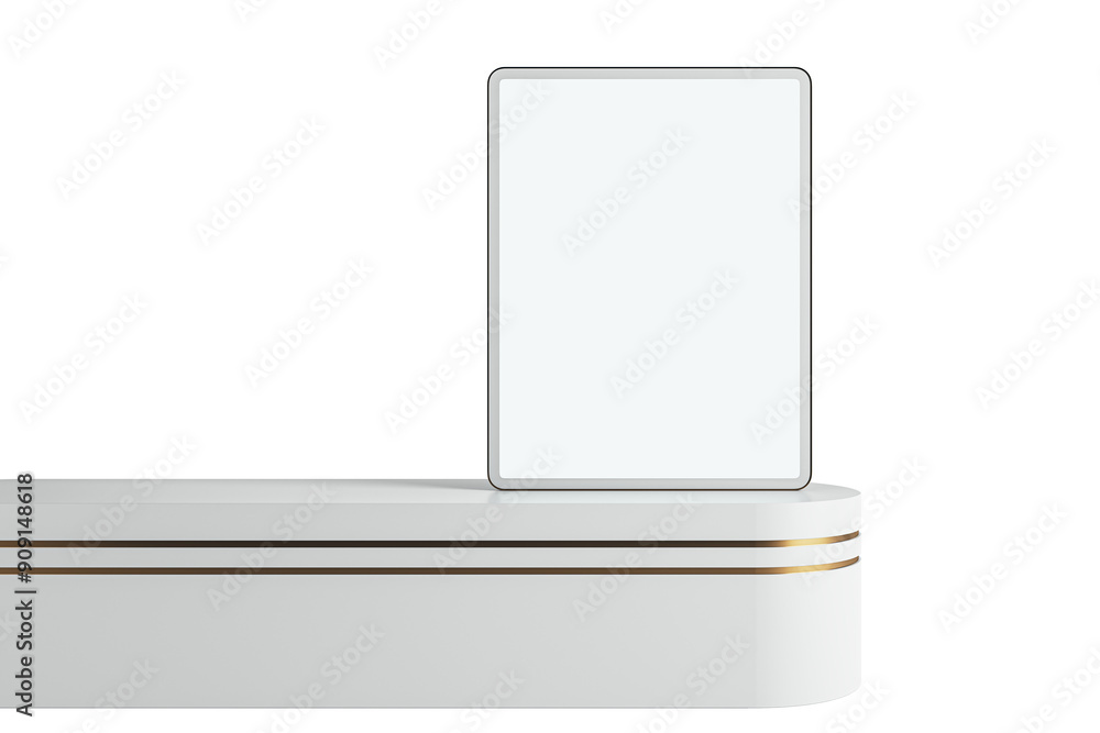 Poster Digital tablet standing on a podium with a white background. Clean design concept with nobody present. Front view mockup. 3D Rendering