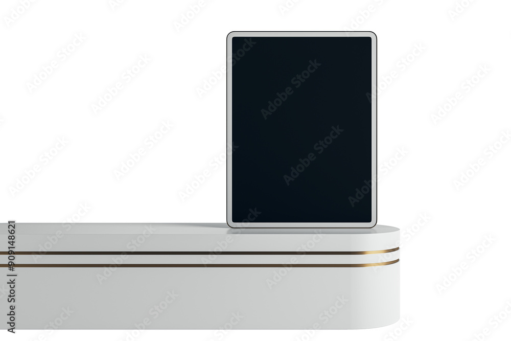 Poster Digital tablet device positioned on a white podium with gold accents in front view. Isolated on a white background. Clean and modern mockup. 3D Rendering