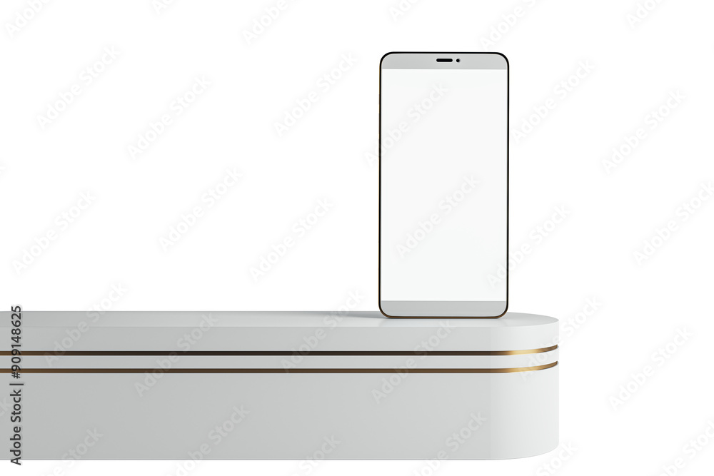 Poster modern smartphone standing on a white podium with gold accents, isolated on a white background. conc
