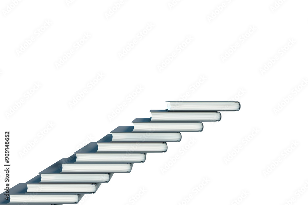 Poster books arranged in a staircase-like manner on a white background. represents the concept of learning 