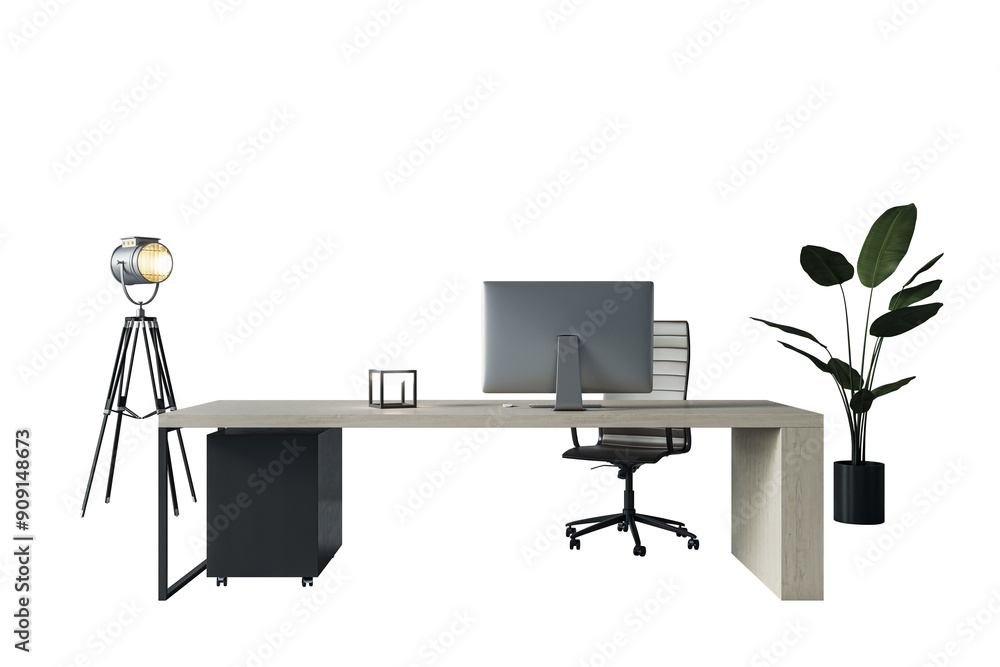 Poster modern office desk with computer, chair, lamp, and plant isolated on a white background. front view 