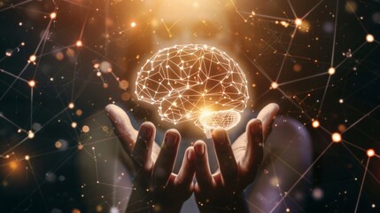 Hands cradle a glowing brain illustration with connected lines against a cosmic backdrop, highlighting a network or digital interface.