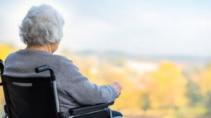 Fototapeta premium Elderly Woman in a Wheelchair Enjoying Autumn View at Sunset