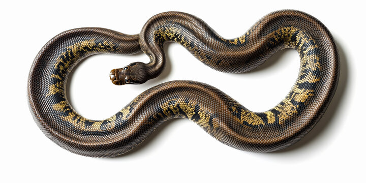 Directly above brown python on white background.