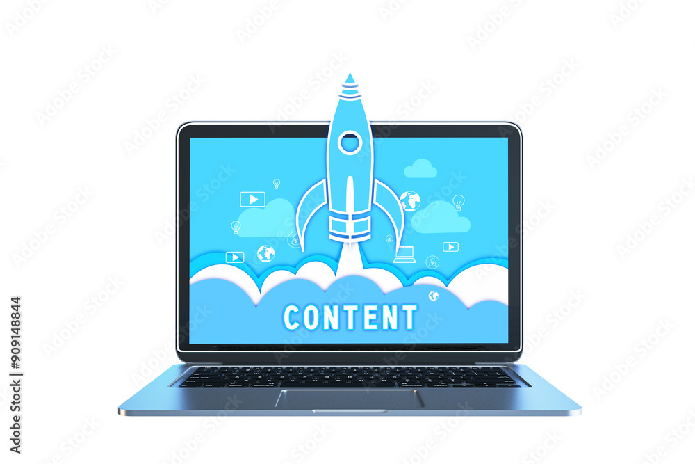 Aufkleber laptop with rocket launch graphic on screen. blue and white design, isolated on white background. co