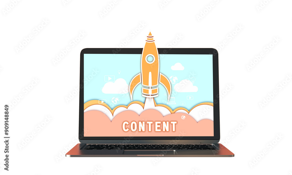 Poster a 3d rendering of a rocket launching from a laptop screen with content text, isolated on a white bac