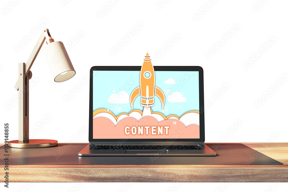 Poster laptop displaying a rocket and content startup illustration on the screen, placed on a wooden desk w