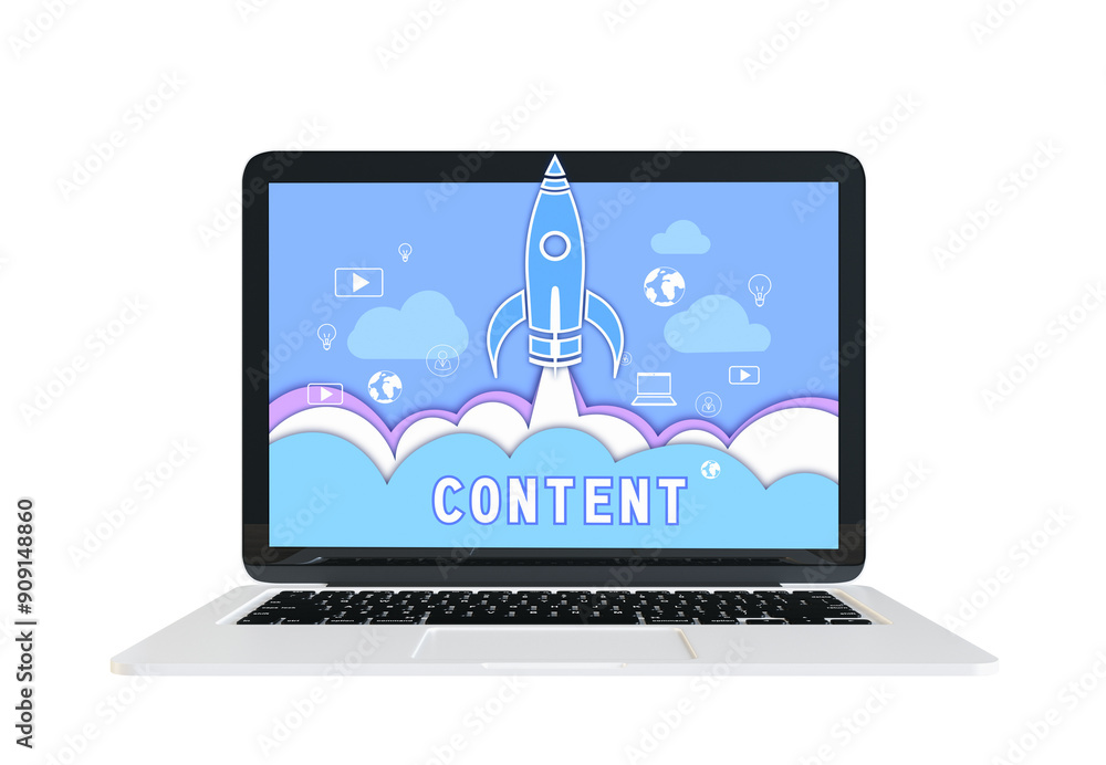 Poster Laptop displaying rocket launch content with digital icons on an isolated white background, symbolizing startup success and marketing strategy. 3D Rendering